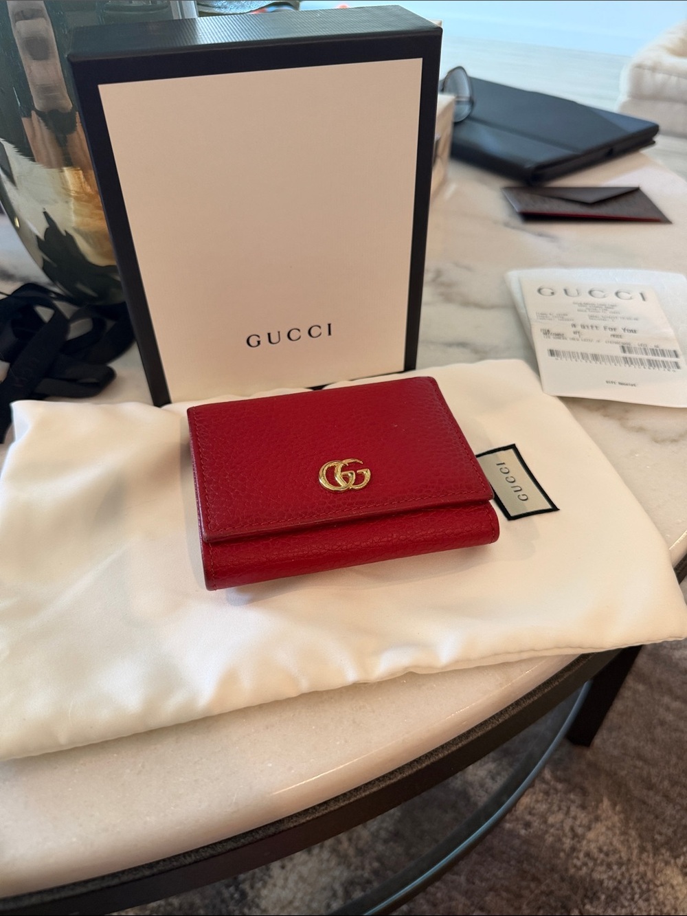 Gucci Small Red Leather GG Card & Key Holder with Gold Hardware